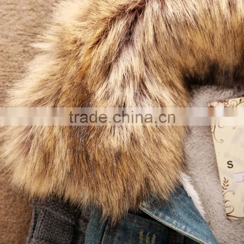 2016 Women winter removable denim parka coat wholesale denim jacket with raccoon fur collar