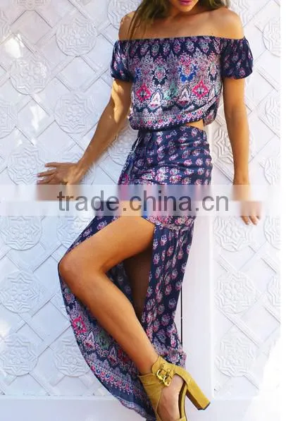 African Kitenge Off Shoulder Printed Two Piece Bohemian hippie printed crop top and high side split skirt