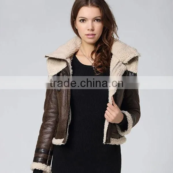 2014 brown lamb wool shearling women leather jacket with fur collar