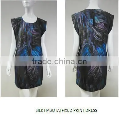 Fashion ladies sleeveless 100%silk habotai fixed printed dress