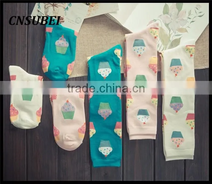 200 Needle fresh color korean cute cartoon ice cream women tube socks for young girl normal wearing