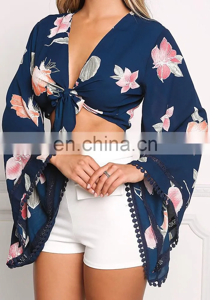 Navy Floral Bell Sleeve Front Tie Crop Top