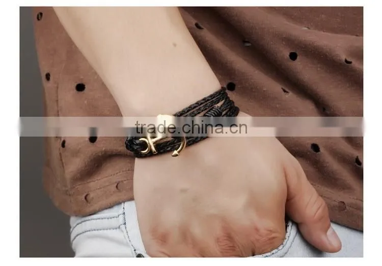 Multilayer handmade woven leather bracelet stainless steel gold boat anchor alloy charms man anchor bracelets