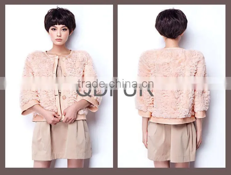QD28321 Korea Style Rabbit Fur Jacket With Sheep Leather Trim