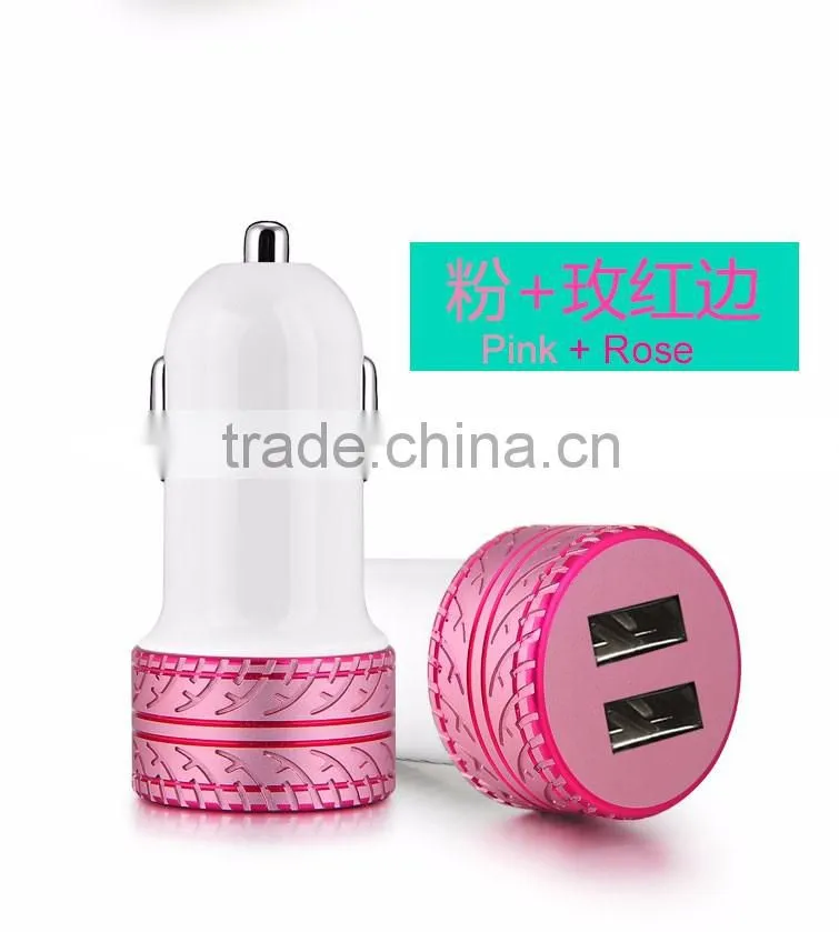 Coteetci 4.8A High Speed Tire Texture Design Aluminum Dual USB Ports Universal Car Charger For Samsung/iPhone/HTC/LG TB-0190
