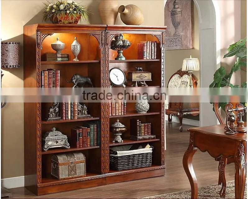 Rubber wood bookshelf sideboard with handmade carving AI-206