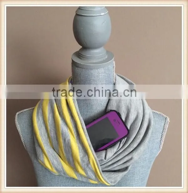 Infinity Scarf with Hidden Pocket - Reversible Heather Grey and Yellow Stripes