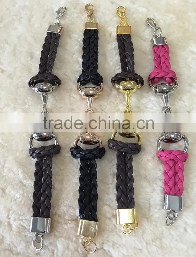 pink double cords cowskin leather bracelets with stainless steel shield closure for women