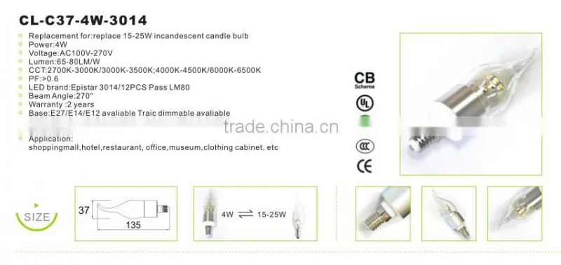 4W AC100V-270V 80LM/W led candle bulb