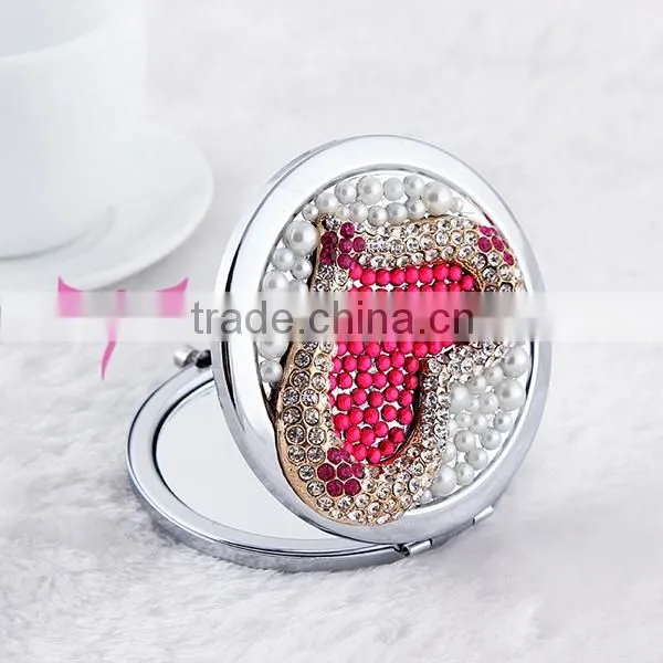 ladies decorative girls hand cosmetic mirrors big heart rhinestone mirrors