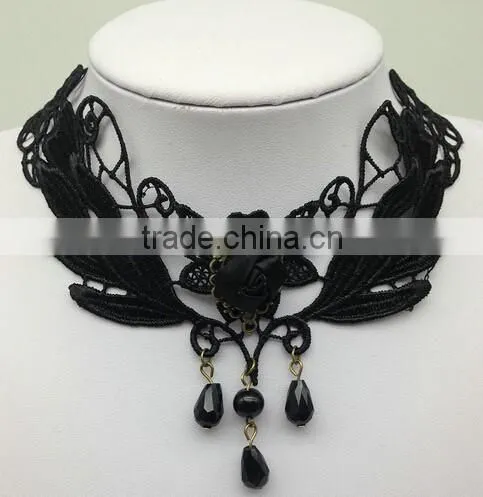 Handmade Flower Drop Pendant Black Lace Choker Necklace Goth Vintage