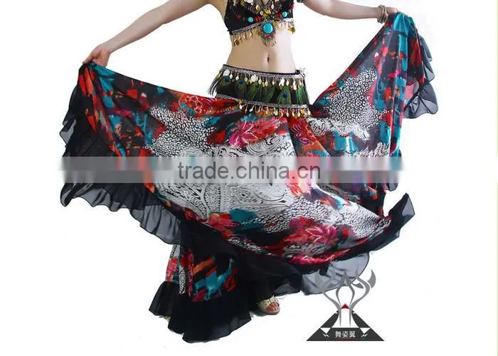 Bohemian Gypsy Chiffon Belly Dance Circle Skirt with Floral Prints
