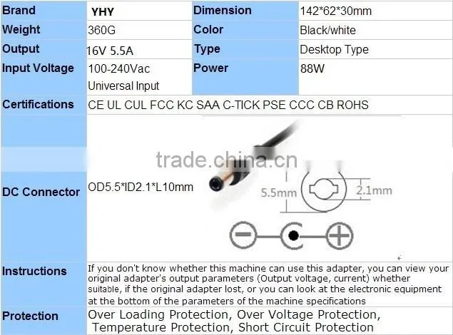 Replacement 88W 16V 5.5A Adapter Charger for LCD Monitors