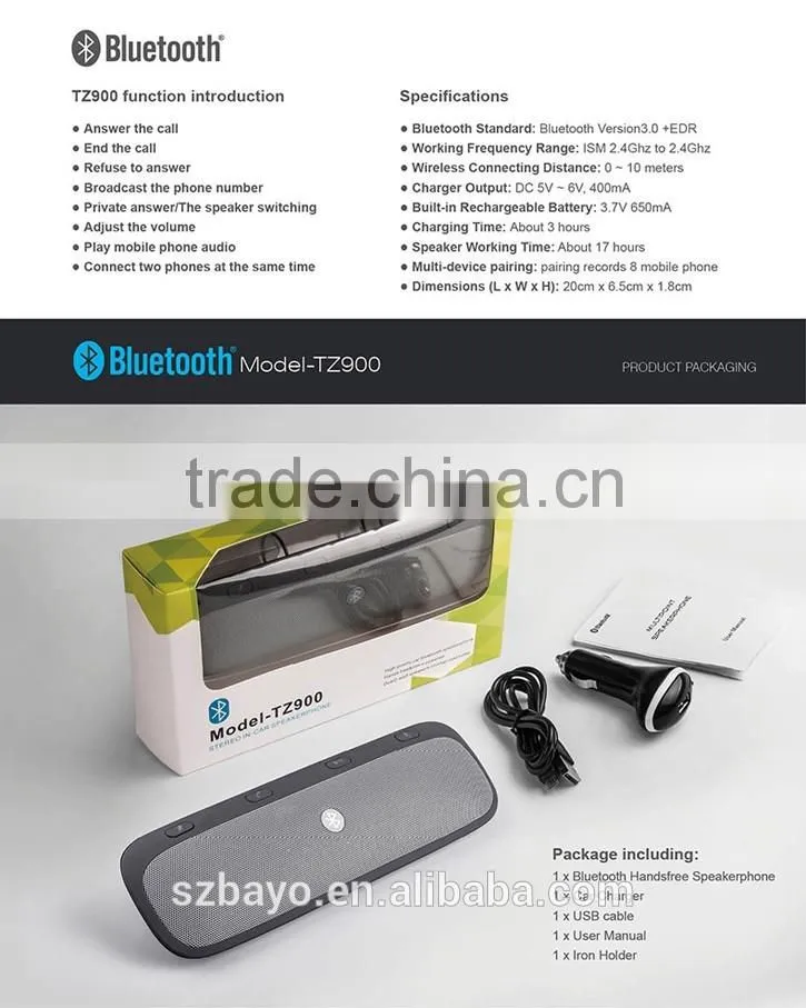 TZ900 Best Christmas Gift Bluetooth 3.0 EDR Wireless Speakphone & Handsfree Profile Car Sun Visor Handsfree Car Kit