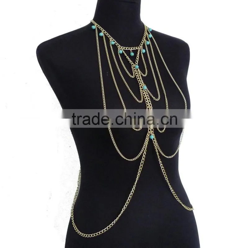 Turquoise multilayer tassel sexy waist chain