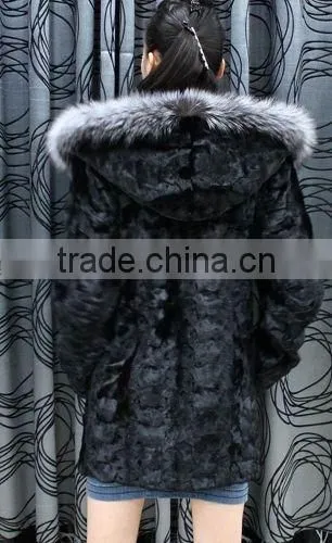 Fashion genuine mink fur coat with fox fur hood for women MC12