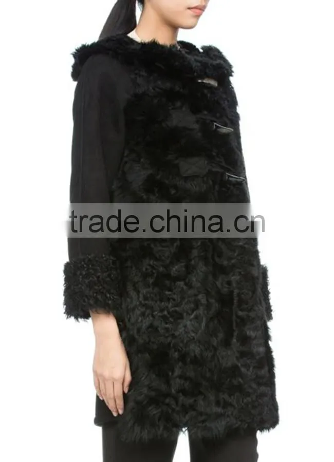 Customized ladies' long Chinese full lambskin hooded coat with horn toggles button