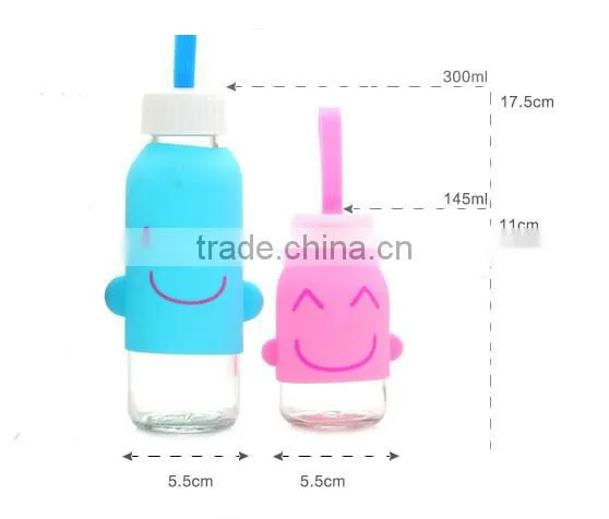 X008 Portable 300ML glass bottle Student bottle with silicone sleeve smile water sport bottle