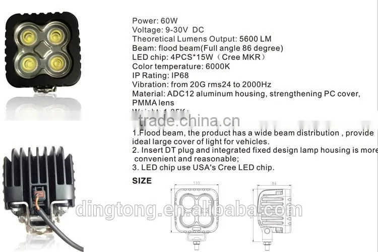 Square 60w Waterproof Off Road LED Work Light 12v 24v high quality led work lamp
