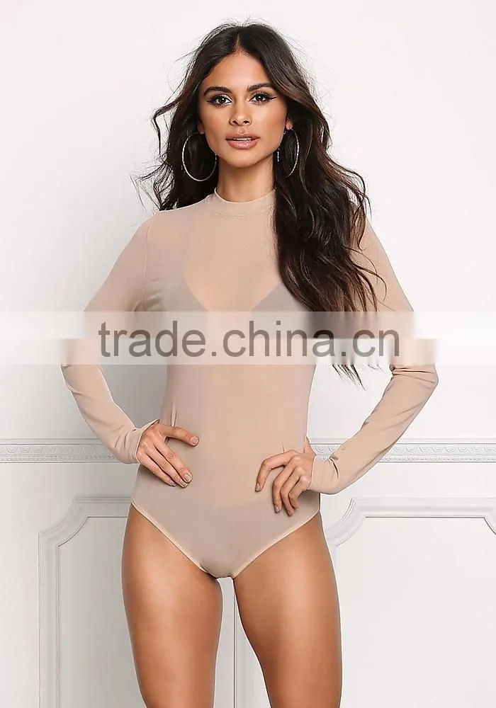 MGOO Custom Minimalist Khaki Mesh Sexy Tops For Ladies Long Sleeves Boat Neck Nylon Spandex Bodysuits