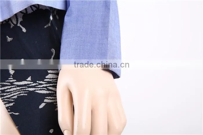 long sleeve blue women blouse patch work designs with bow in front