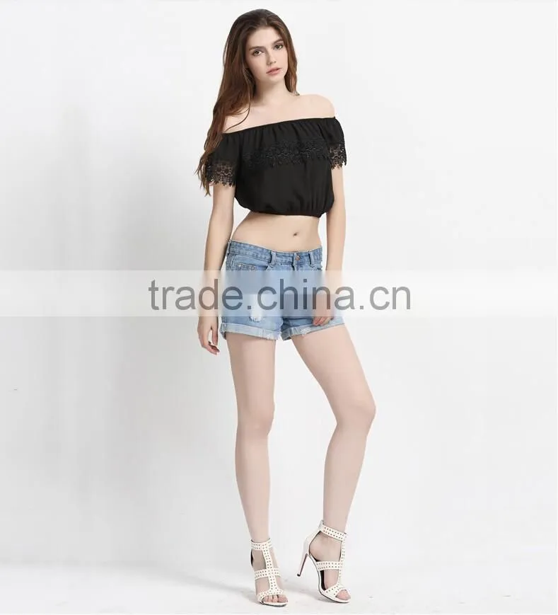 Wholesale Hot Sale Photo Image Girls Boat Neck Blouse Designs Ladies Fashion Crop Top
