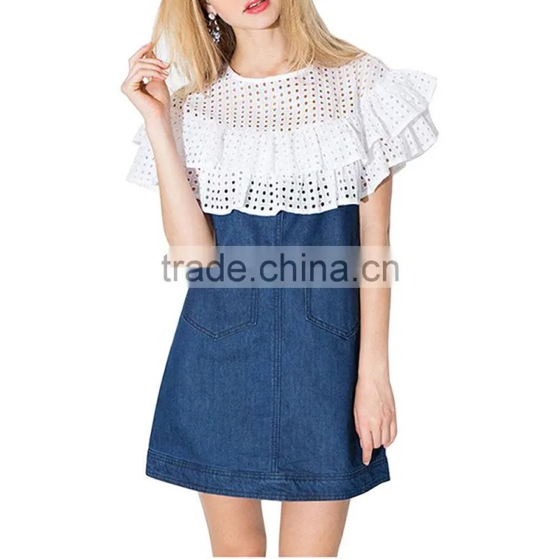 New Latest Girls Sweet Ruffle Mesh Casual Denim Mini Dress Women Patchwork Designs For Dresses