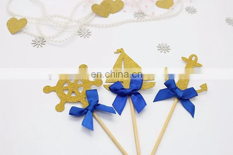 Sea Theme Gold Glitter Topper with Blue Bow Cake Decoration