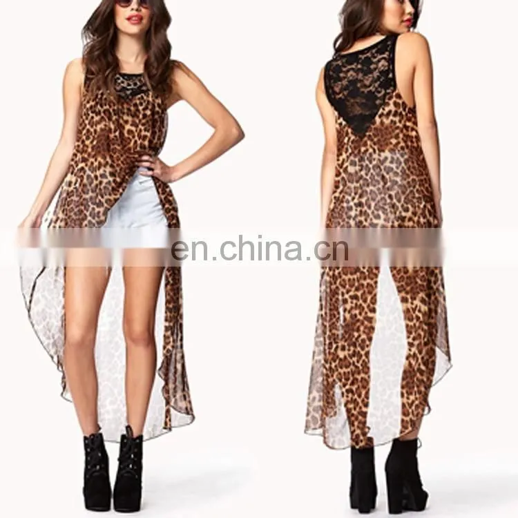 Leopard Print High-Low ladies blouse designs 2015 dongguan clothing