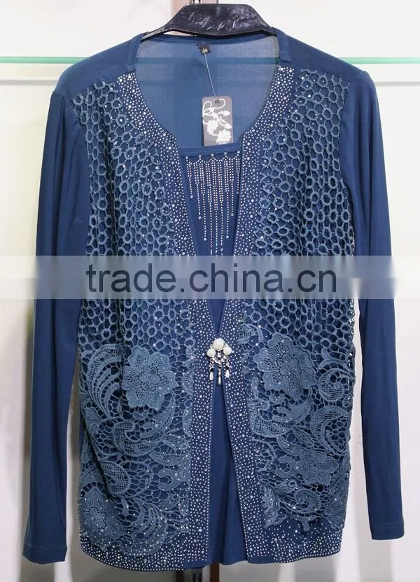 Women's long sleeve viscosa blouse pull over round neckline shining front fly with Pearl-clasped