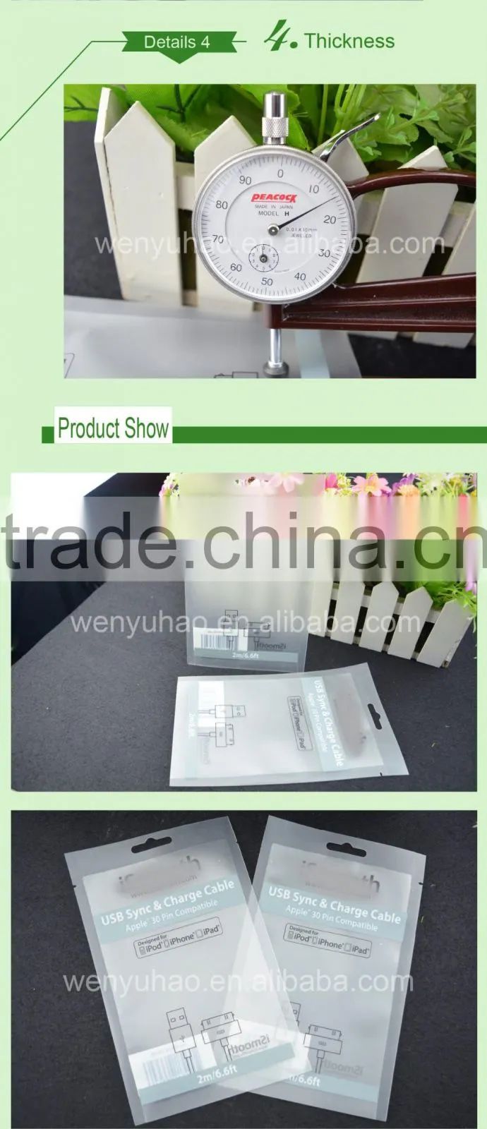 header plastic packing bag for usb sync & charge cable / transparent phone accessories packing bag