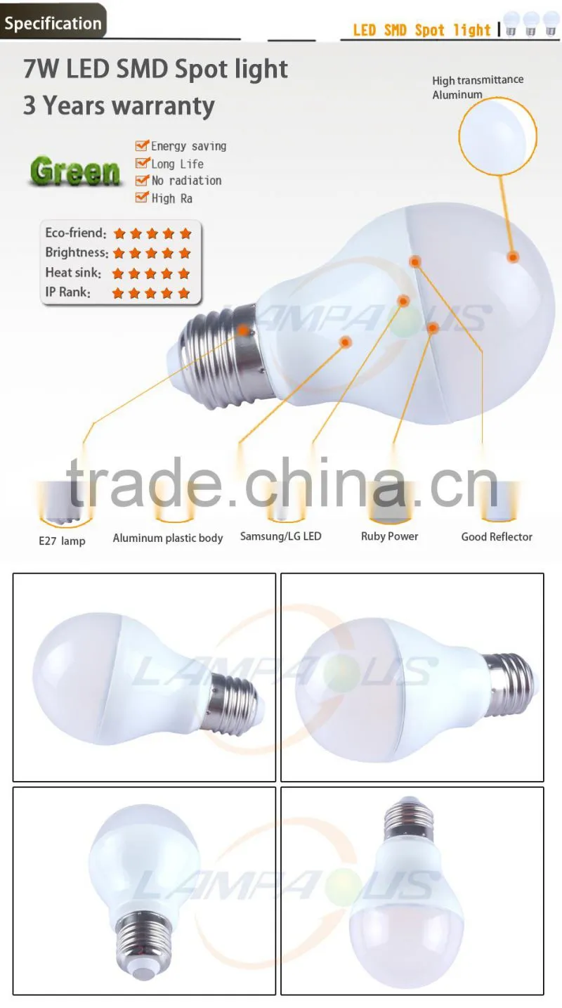 Samsung LG smd lampe at lowest price 3 years warranty plastic alu dim 7w led bulb pcb