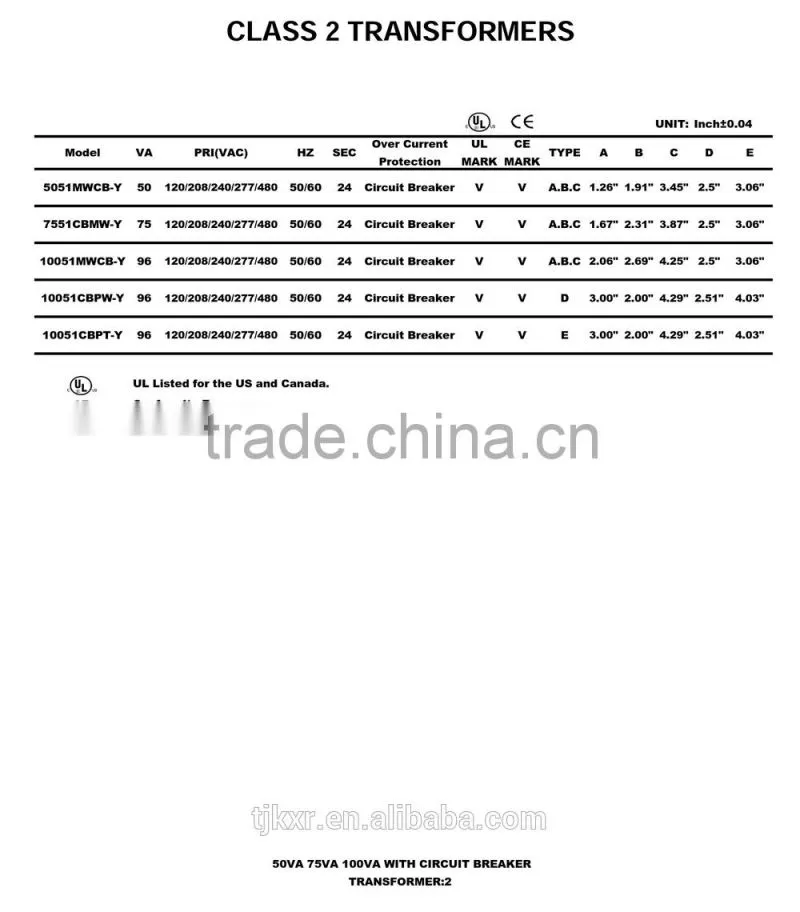 UL/CUL approved class 2 transformer, type 2 transformer, UL listed transformer with power range from 5VA to 100VA