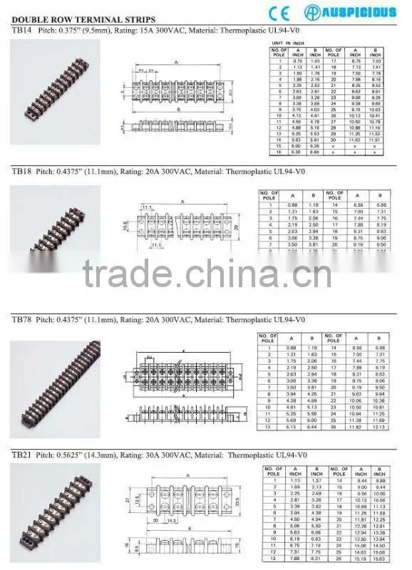 20A 300VAC Thermoplastic UL94-V0 Double Row Barrier Terminal Block TB78