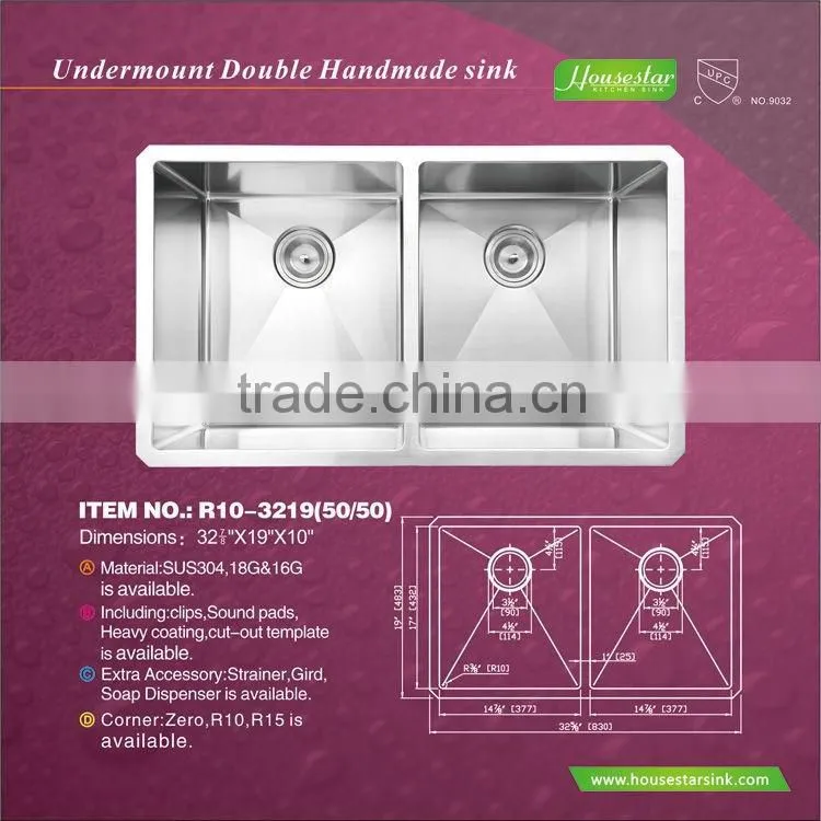 Latest Hot Selling!! Unique Design Stainless Steel Sink For Sale Handmade Under Counter Stainless Steel Sinks-- R10-3219(50/50)
