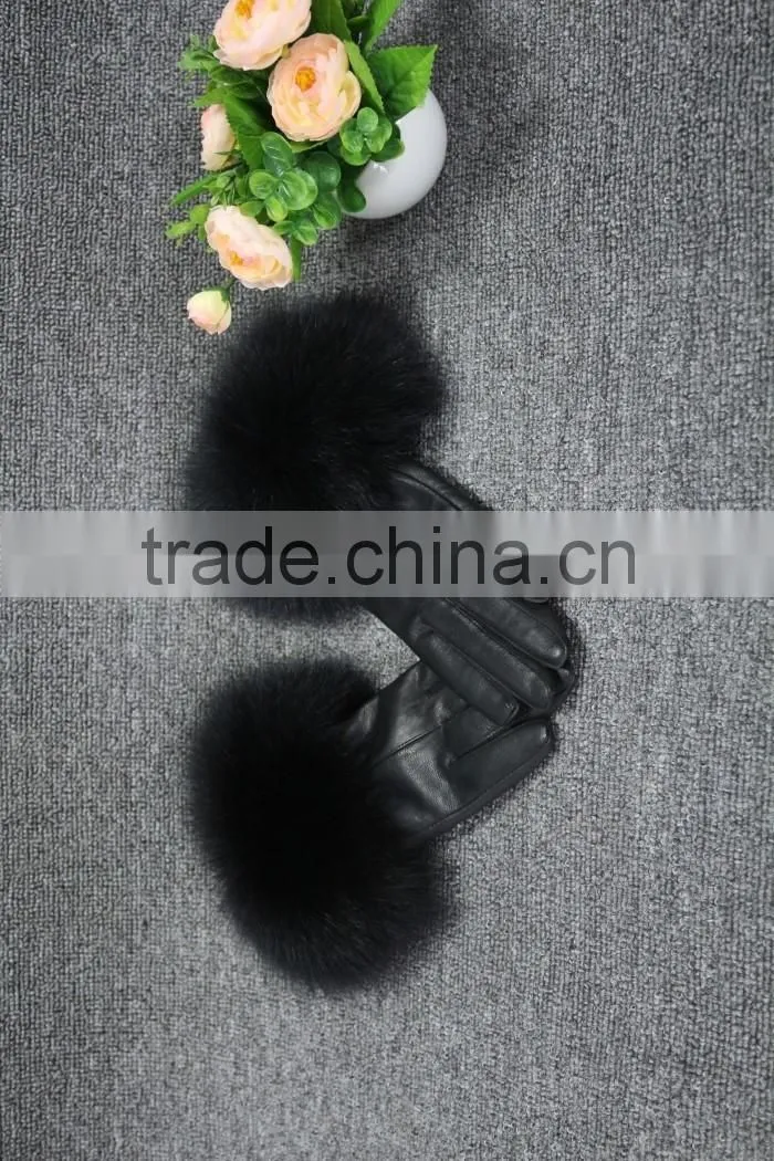 fashion sheep leather gloves women touchscreen raccoon fur cuff leather gloves
