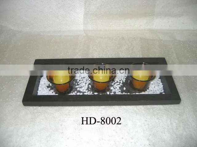 glass candle holder with wooden tray gift set