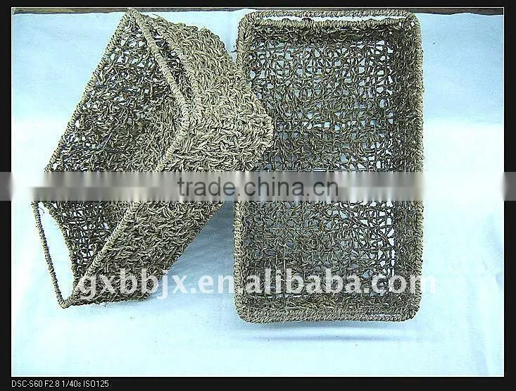 Rectangle seagrass weaving iron frame storage handle basket