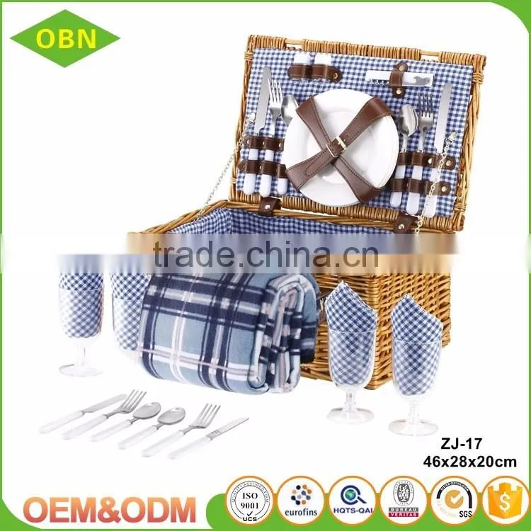 Woven wicker material picnic basket with ceramic set