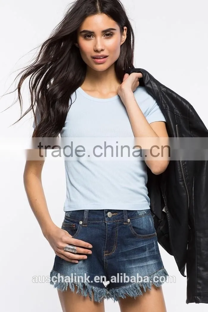 OEM service women cheap ribbed knit plain slim fit t shirt
