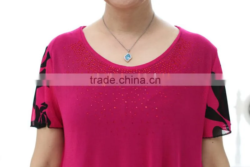 Middle aged women fashion beaded lace loose printed blouse