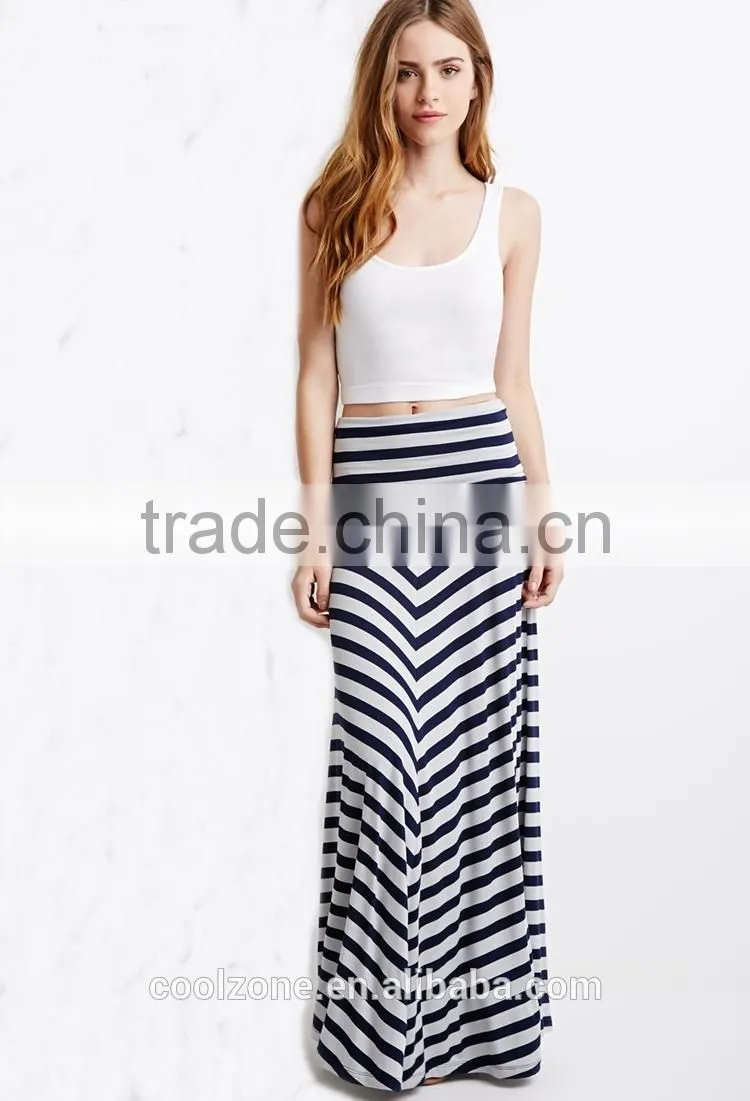 2015 Fold-over waist stripe print skirts fashion long maxi skirt