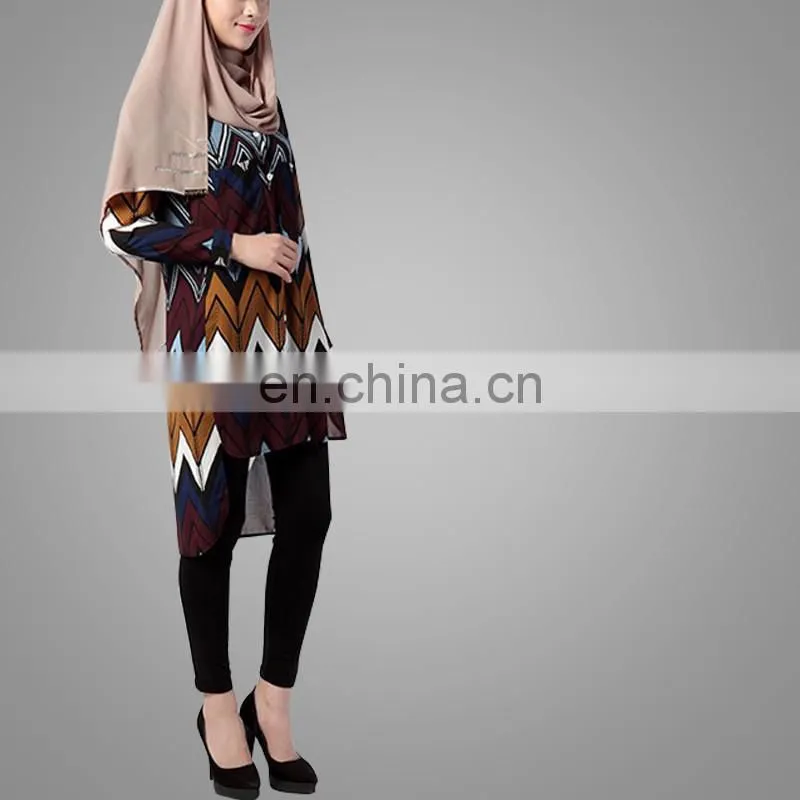 Chiffon Geometric Patterns Women Plus Size Long Tops Khaki Wear Islamic Clothing Arab Girls Full Sleeve Blouses Long Loose Shirt