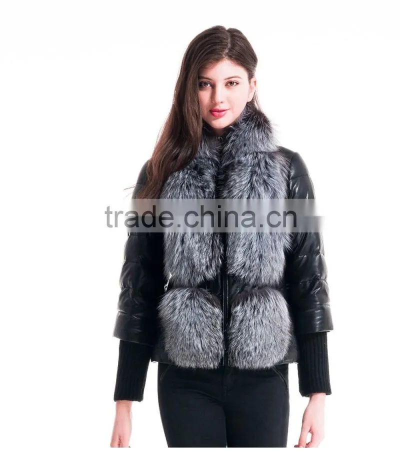 2015 Winter Fashion Leather Short Women Jacket With Silver Fox Collar Detachable Cuffs Overcoat