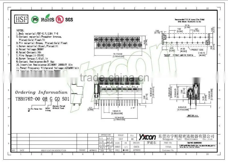 Dongguan Yxcon 7.62mm pitch 8 poles brass barrier electrical Terminal Block
