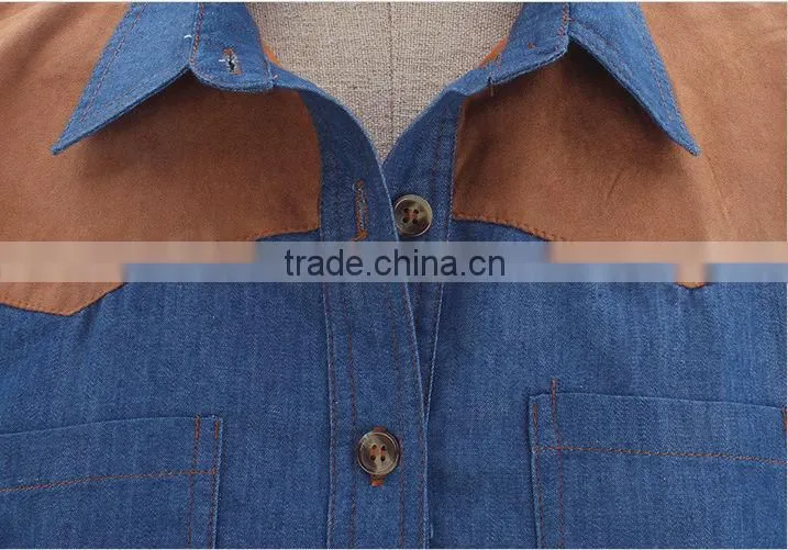 2015 fashion high quality New Arrival girls long sleeve denim winter dress with contrast color