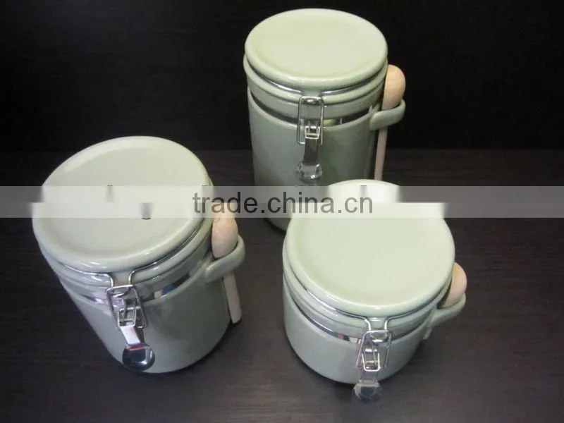 3 pieces green ceramic canister set, glaze ceramic canister