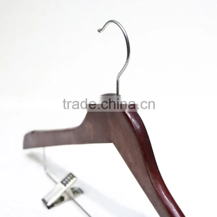 Adjustable wood clothing hanger with clips for dress/suit
