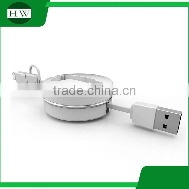 2 in 1 double interface compatible fast quick charger round usb telescopic data cable for iphone and Android mobile cell phone