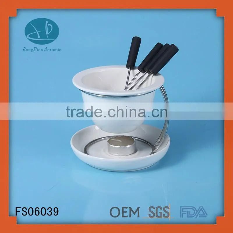 innovative chocolate fondue set,custom ceramic fondue set with candle and forks
